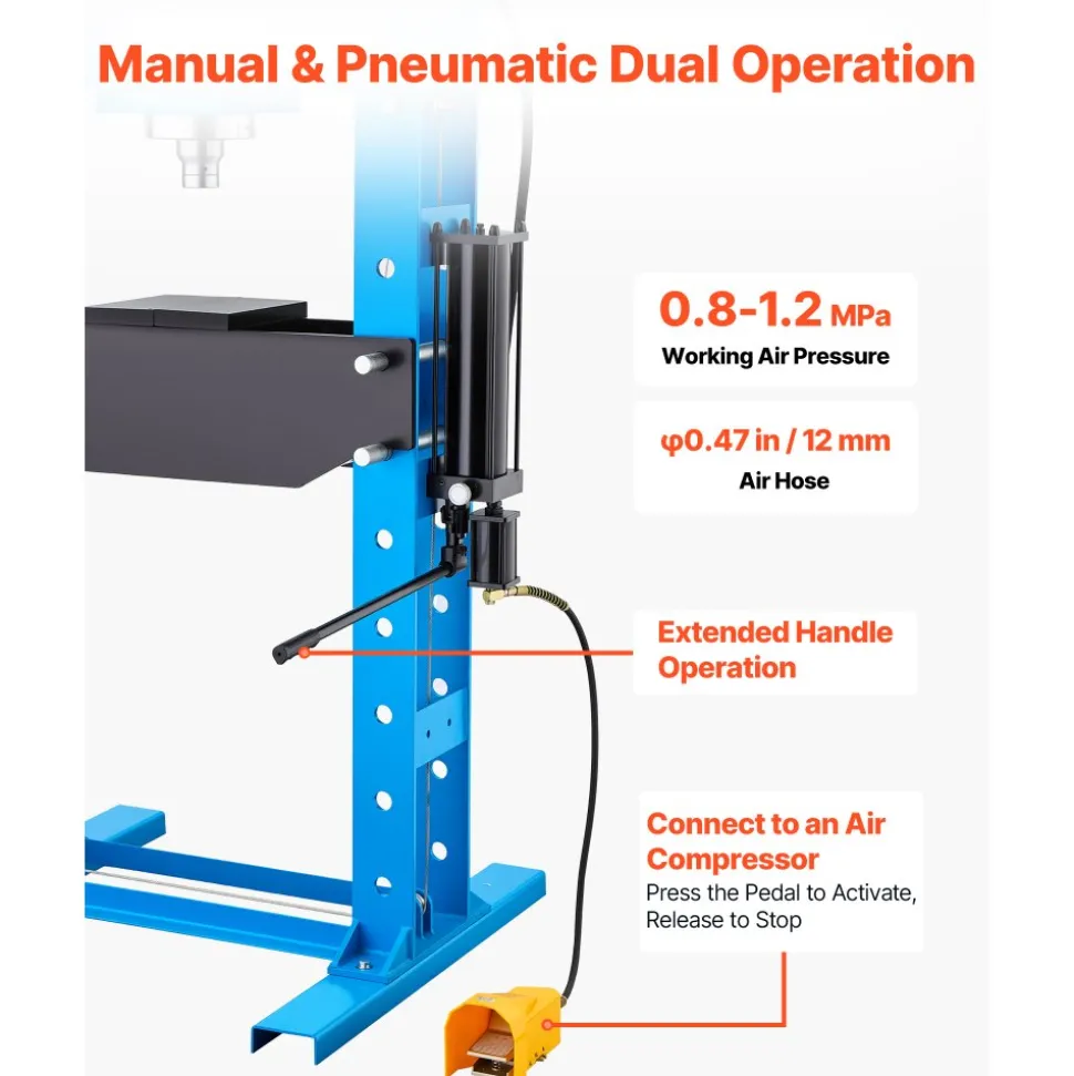 VEVOR 75-Ton Shop Press, Pneumatic/Manual Hydraulic Shop Press with Foot Pedal, Hand Wheel & Pressure Gauge, H-Frame Heavy-Duty Garage Floor Adjustable Shop Press for Bending, Straightening, Pressing
