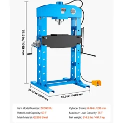VEVOR 75-Ton Shop Press, Pneumatic/Manual Hydraulic Shop Press with Foot Pedal, Hand Wheel & Pressure Gauge, H-Frame Heavy-Duty Garage Floor Adjustable Shop Press for Bending, Straightening, Pressing