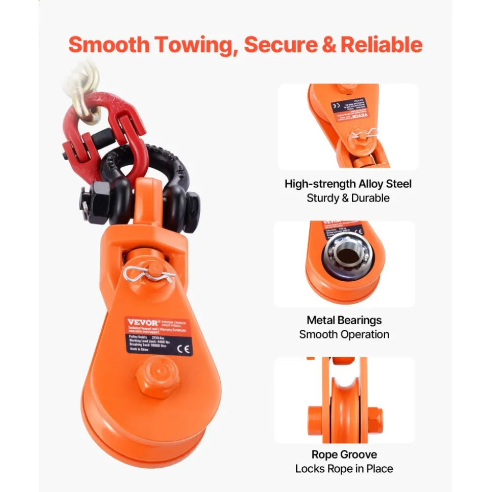 VEVOR 2 Ton Snatch Block with G80 Chain, Swivel Shackle, 3" Sheave for 3/8" Wire Rope, Snatch Block Pulley for Towing and Recovery Applications on Flatbed Tow Truck Rollback Wrecker Car Carrier Cable