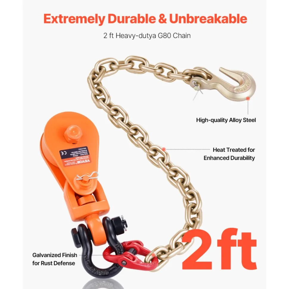 VEVOR 2 Ton Snatch Block with G80 Chain, Swivel Shackle, 3" Sheave for 3/8" Wire Rope, Snatch Block Pulley for Towing and Recovery Applications on Flatbed Tow Truck Rollback Wrecker Car Carrier Cable