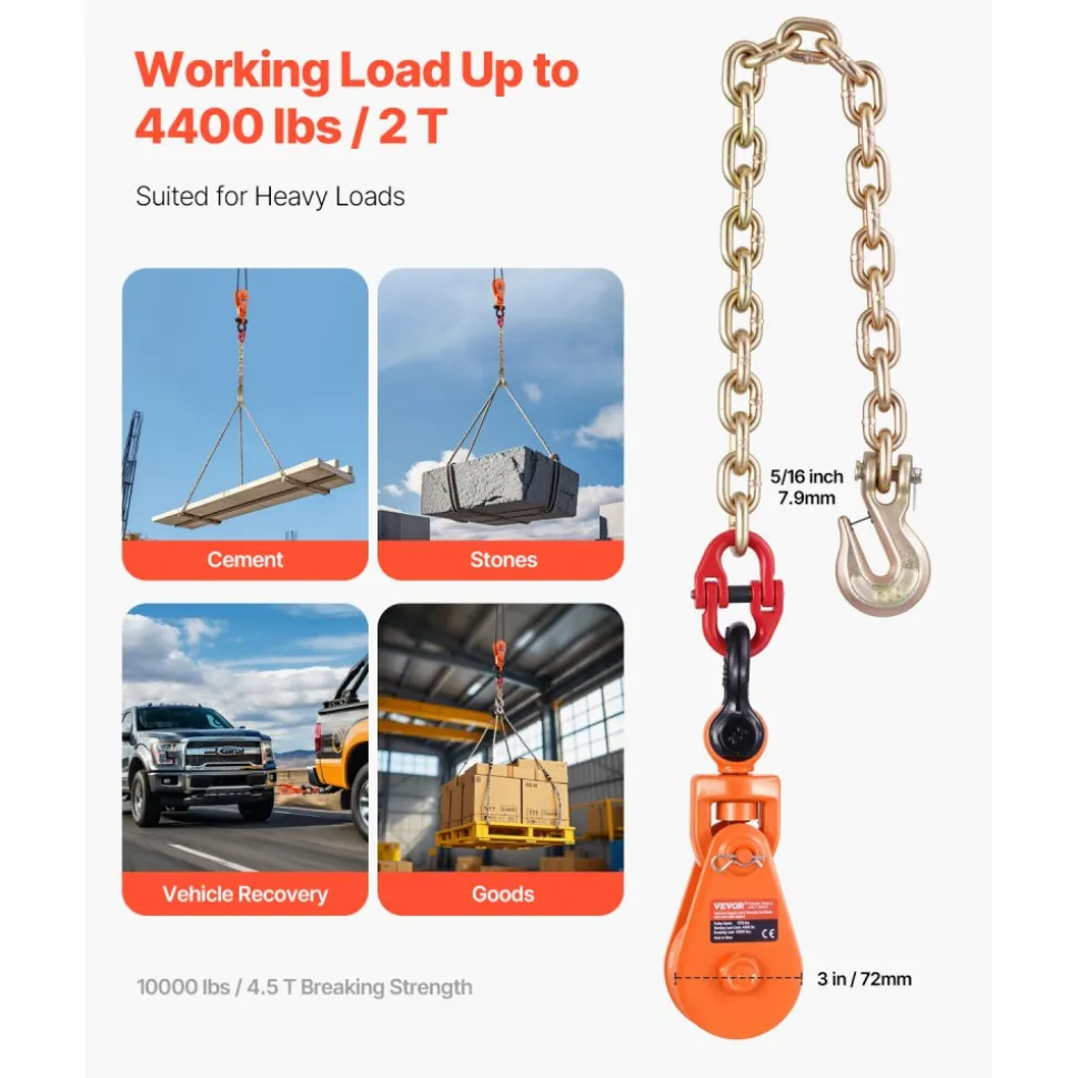VEVOR 2 Ton Snatch Block with G80 Chain, Swivel Shackle, 3" Sheave for 3/8" Wire Rope, Snatch Block Pulley for Towing and Recovery Applications on Flatbed Tow Truck Rollback Wrecker Car Carrier Cable