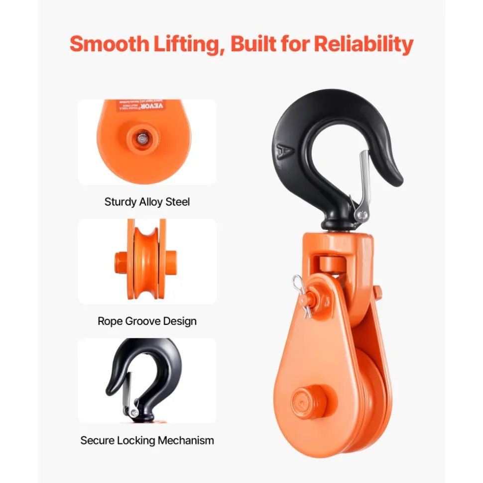 VEVOR 2 Ton Snatch Block with Swivel Hook, 3" Sheave 3/8" Inch Wire Rope, Heavy Duty Snatch Block Pulley 4400 lbs for Towing and Recovery operations on Tow Truck Rollback Wrecker Car Hauler Winches