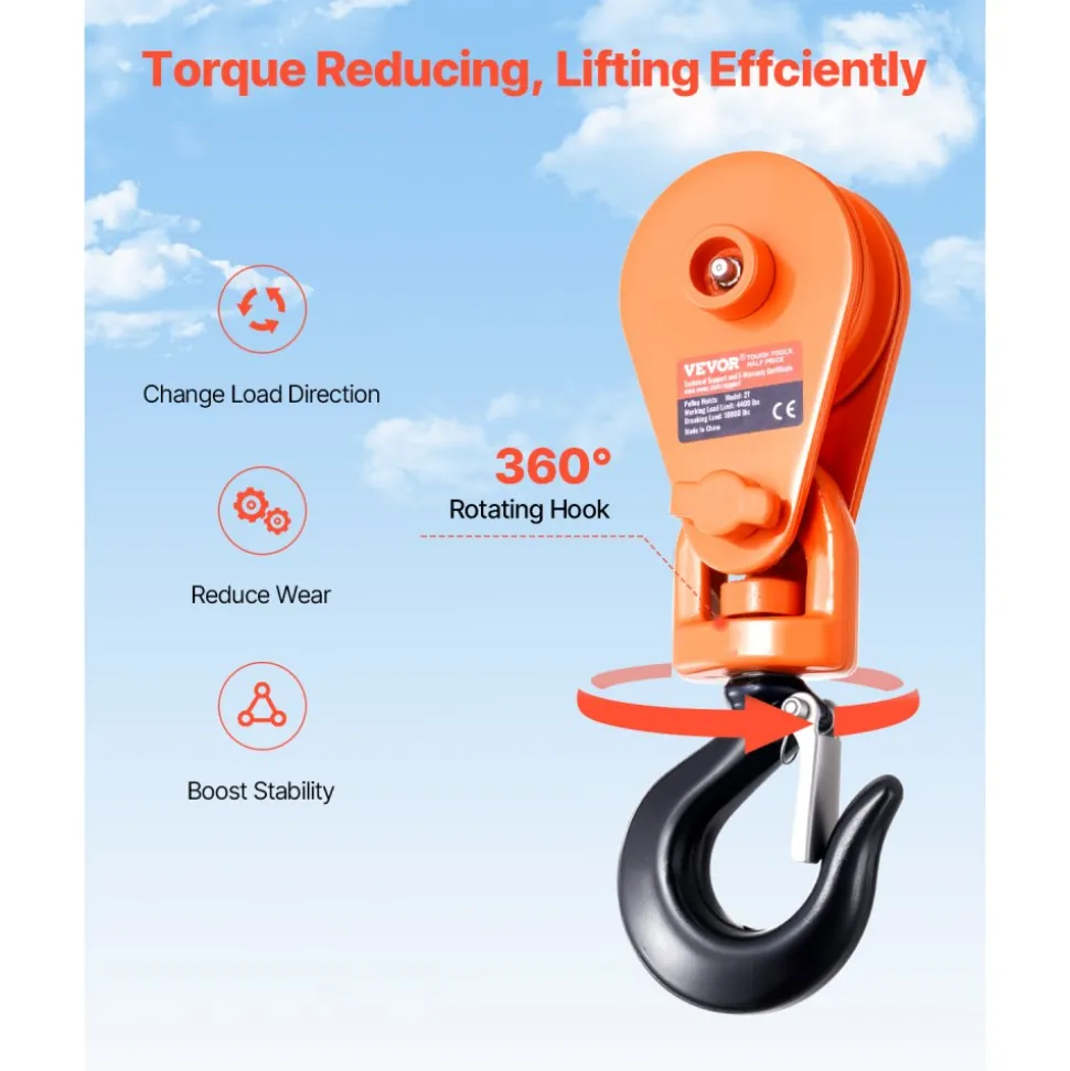 VEVOR 2 Ton Snatch Block with Swivel Hook, 3" Sheave 3/8" Inch Wire Rope, Heavy Duty Snatch Block Pulley 4400 lbs for Towing and Recovery operations on Tow Truck Rollback Wrecker Car Hauler Winches
