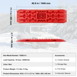 VEVOR 10 TON Traction Boards with PP Material, Recovery Boards for Off-road Vehicles/Cars/Pickups/SUVs/RVs, Pair Tire Traction Mats on Snow, Sand, Mud and Loose Terrain, Storage Bag, Long, Red