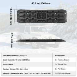 VEVOR 10 TON Traction Boards with PP Material, Recovery Boards for Off-road Vehicles/Cars/Pickups/SUVs/RVs, Pair Tire Traction Mats on Snow, Sand, Mud and Loose Terrain, Storage Bag, Long, Black