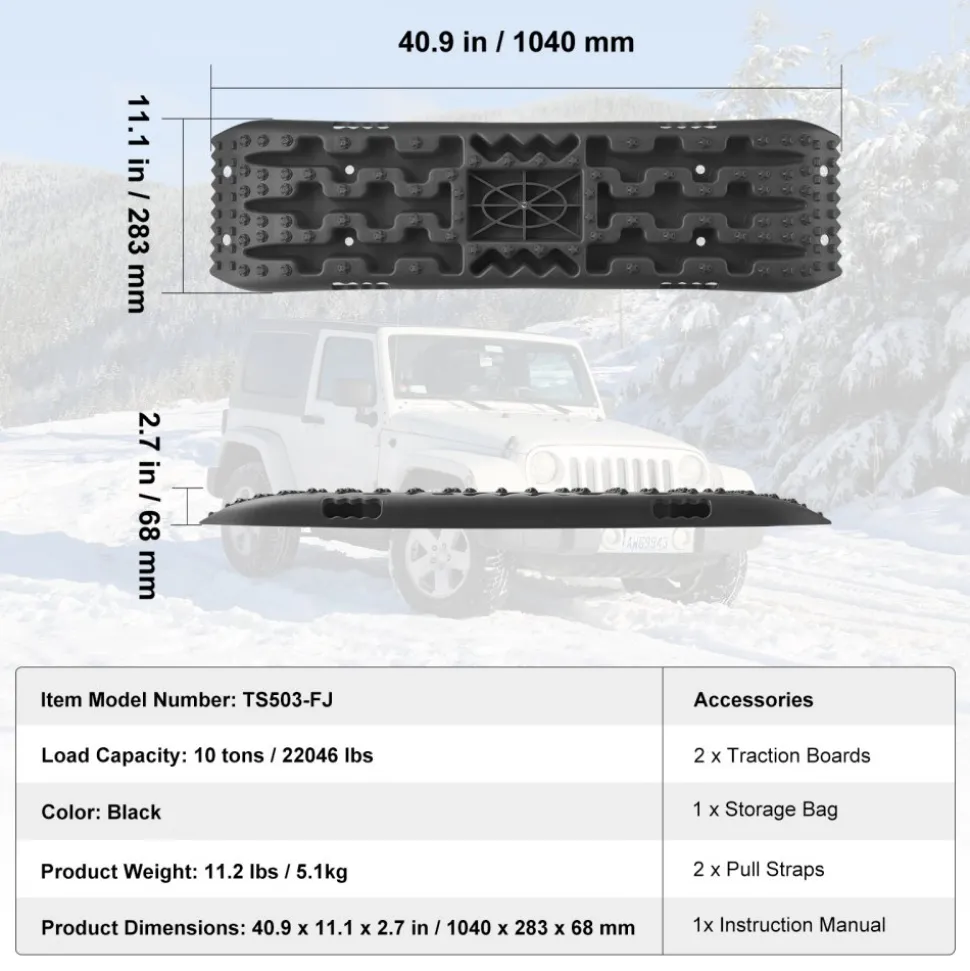 VEVOR 10 TON Traction Boards with PP Material, Recovery Boards for Off-road Vehicles/Cars/Pickups/SUVs/RVs, Pair Tire Traction Mats on Snow, Sand, Mud and Loose Terrain, Storage Bag, Long, Black