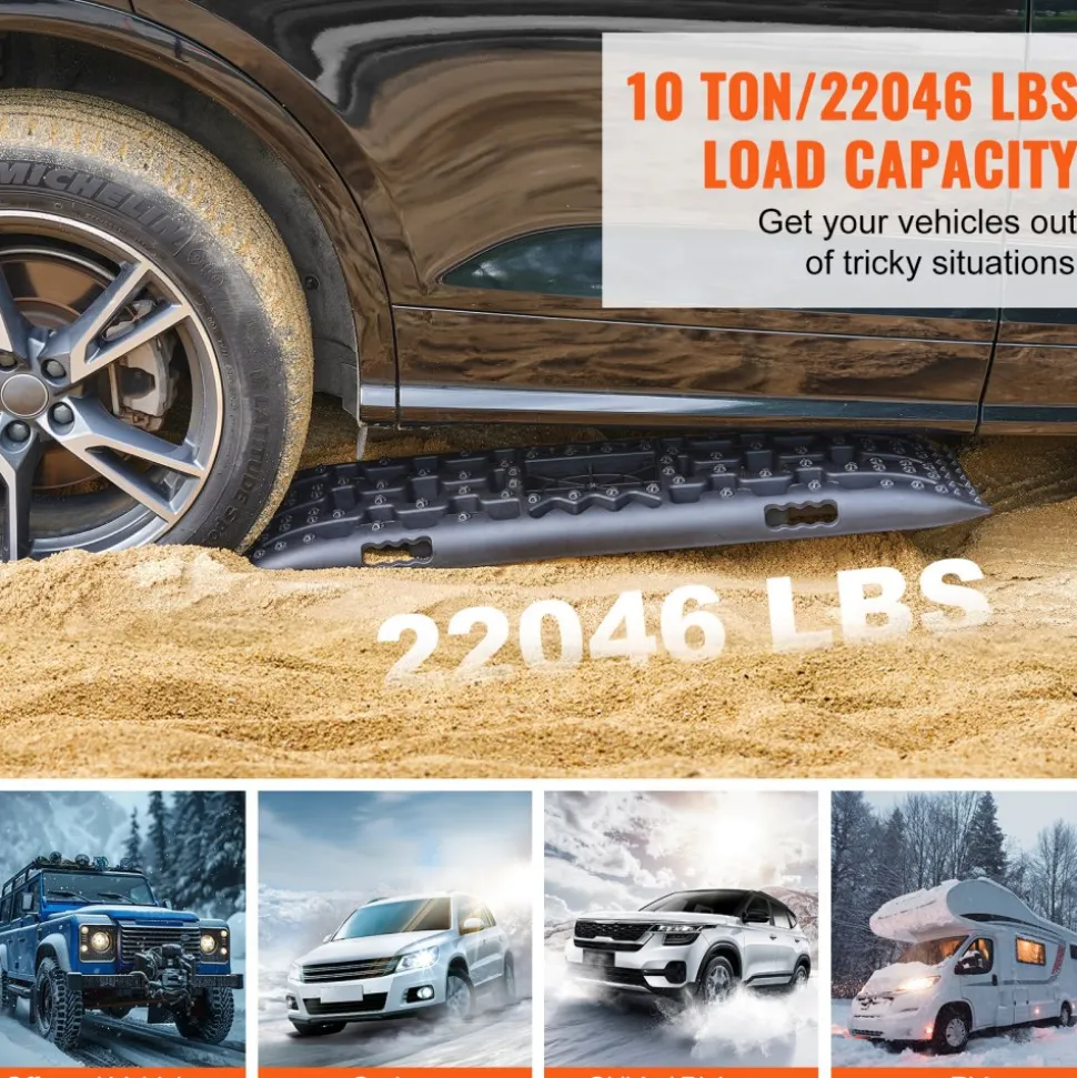 VEVOR 10 TON Traction Boards with PP Material, Recovery Boards for Off-road Vehicles/Cars/Pickups/SUVs/RVs, Pair Tire Traction Mats on Snow, Sand, Mud and Loose Terrain, Storage Bag, Long, Black