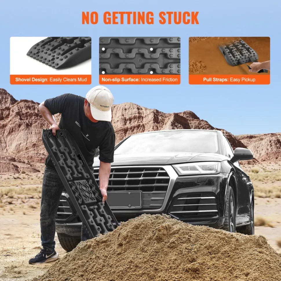 VEVOR 10 TON Traction Boards with PP Material, Recovery Boards for Off-road Vehicles/Cars/Pickups/SUVs/RVs, Pair Tire Traction Mats on Snow, Sand, Mud and Loose Terrain, Storage Bag, Long, Black