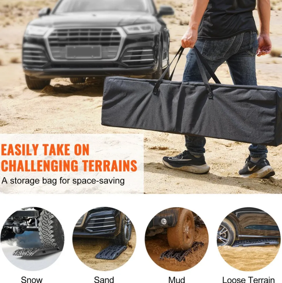 VEVOR 10 TON Traction Boards with PP Material, Recovery Boards for Off-road Vehicles/Cars/Pickups/SUVs/RVs, Pair Tire Traction Mats on Snow, Sand, Mud and Loose Terrain, Storage Bag, Long, Black