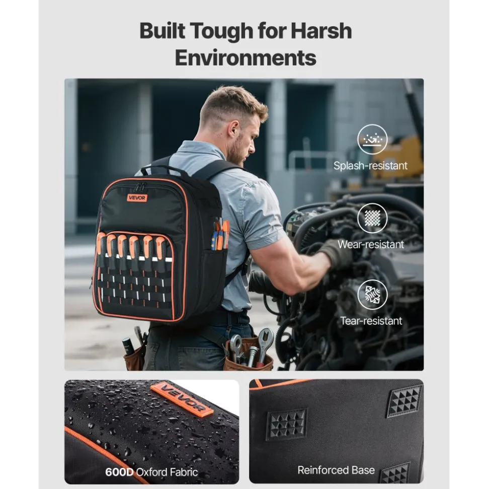 VEVOR Tool Backpack, 49 Pockets, Heavy-duty Tools Storage Organizer Work Bags with Laptop Compartment & Reinforced Fabric Base, Electrician Jobsite Backpack for Electrician, Repairman
