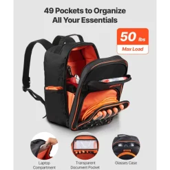 VEVOR Tool Backpack, 49 Pockets, Heavy-duty Tools Storage Organizer Work Bags with Laptop Compartment & Reinforced Fabric Base, Electrician Jobsite Backpack for Electrician, Repairman
