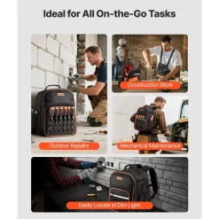 VEVOR Tool Backpack, 49 Pockets, Heavy-duty Tools Storage Organizer Work Bags with Laptop Compartment & Reinforced Fabric Base, Electrician Jobsite Backpack for Electrician, Repairman