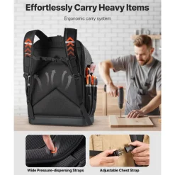 VEVOR Tool Backpack, 56 Pockets, Heavy-duty Tools Storage Organizer Bags with Molded Base, Electrician Jobsite Backpack for Construction Jobsite, Electrician, Industrial, Repairman, and HVAC Techs