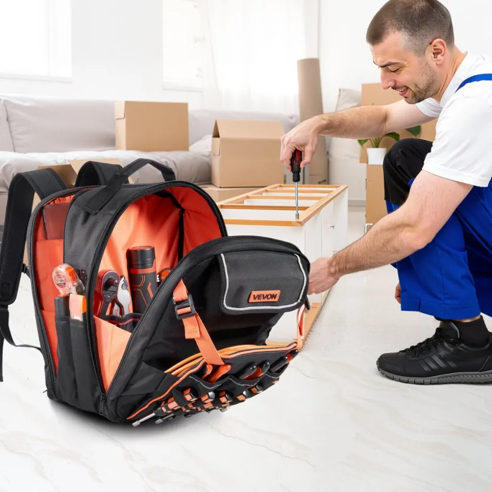 VEVOR Tool Backpack, 45 Pockets, Heavy-duty Tools Storage Organizer Work Bags with Laptop Compartment & Reinforced Fabric Basee, Electrician Jobsite Backpack for Electrician, Repairman
