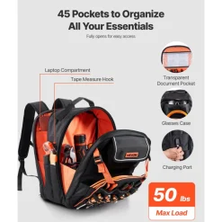 VEVOR Tool Backpack, 45 Pockets, Heavy-duty Tools Storage Organizer Work Bags with Laptop Compartment & Reinforced Fabric Basee, Electrician Jobsite Backpack for Electrician, Repairman