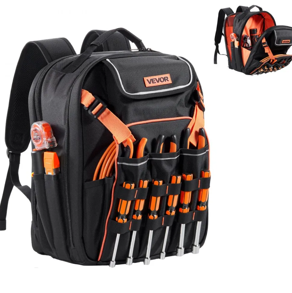 VEVOR Tool Backpack, 45 Pockets, Heavy-duty Tools Storage Organizer Work Bags with Laptop Compartment & Reinforced Fabric Basee, Electrician Jobsite Backpack for Electrician, Repairman