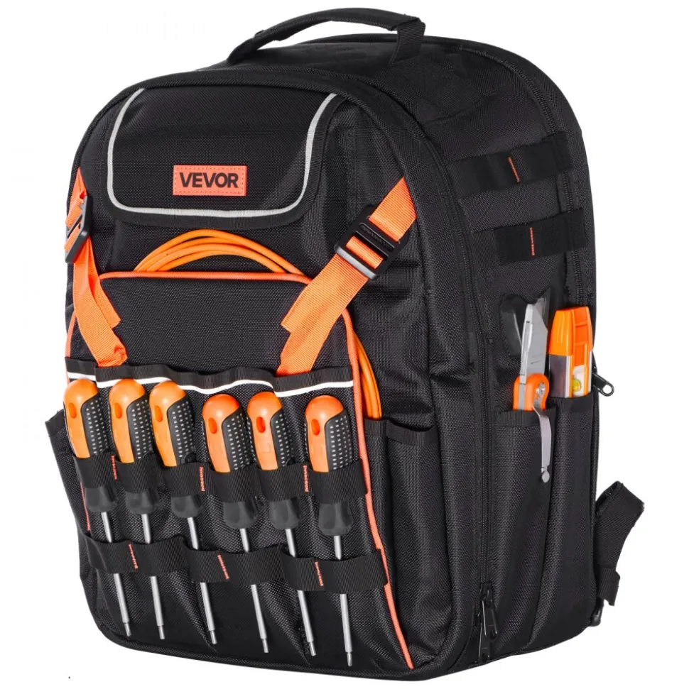 VEVOR Tool Backpack, 45 Pockets, Heavy-duty Tools Storage Organizer Work Bags with Laptop Compartment & Reinforced Fabric Basee, Electrician Jobsite Backpack for Electrician, Repairman