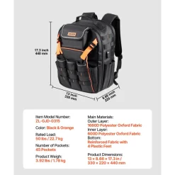 VEVOR Tool Backpack, 45 Pockets, Heavy-duty Tools Storage Organizer Work Bags with Laptop Compartment & Reinforced Fabric Basee, Electrician Jobsite Backpack for Electrician, Repairman