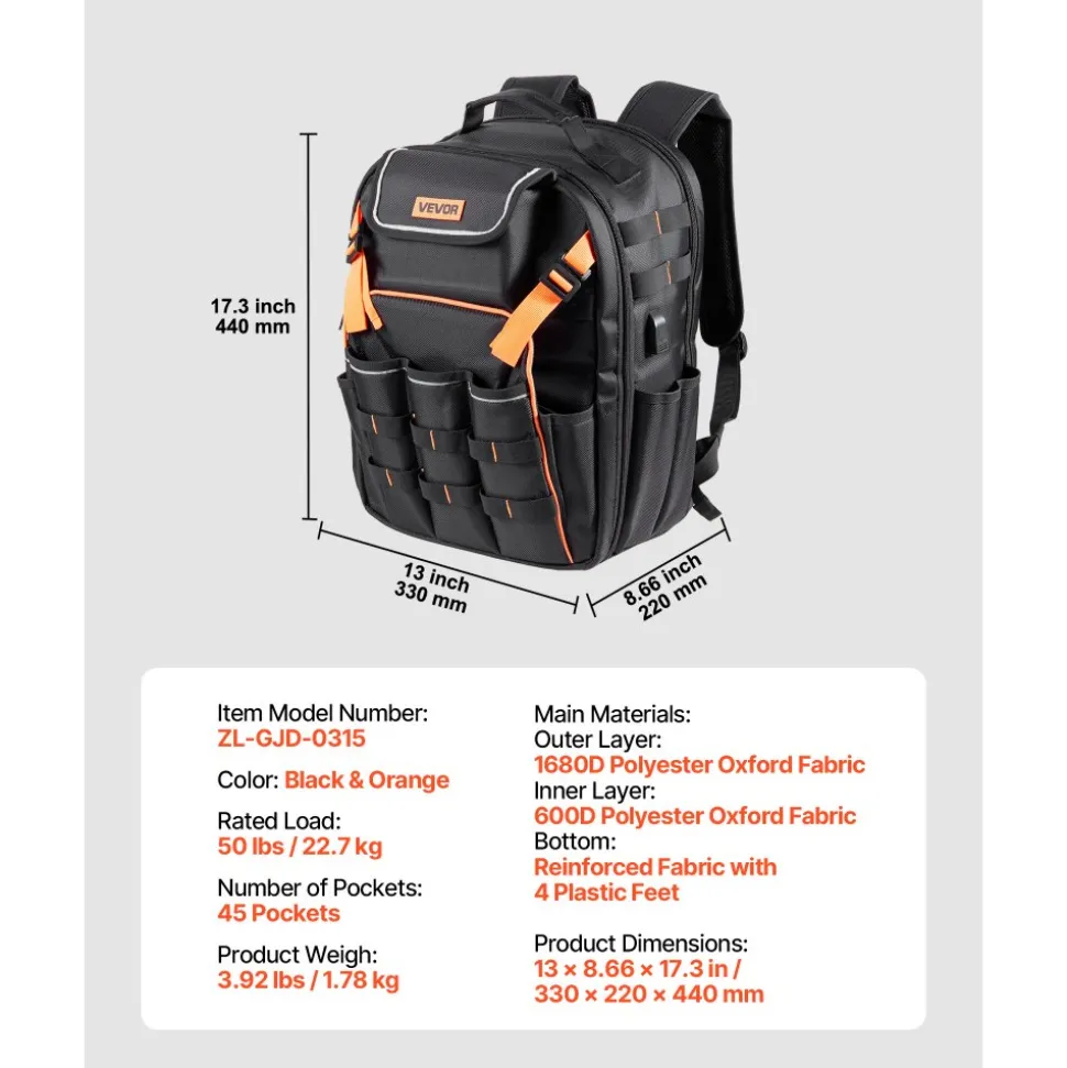 VEVOR Tool Backpack, 45 Pockets, Heavy-duty Tools Storage Organizer Work Bags with Laptop Compartment & Reinforced Fabric Basee, Electrician Jobsite Backpack for Electrician, Repairman