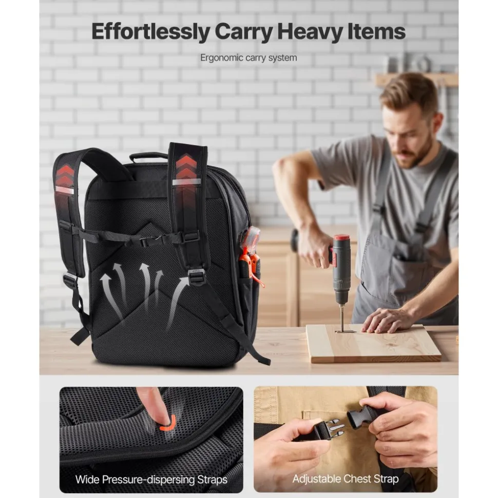 VEVOR Tool Backpack, 45 Pockets, Heavy-duty Tools Storage Organizer Work Bags with Laptop Compartment & Reinforced Fabric Basee, Electrician Jobsite Backpack for Electrician, Repairman