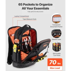 VEVOR Tool Backpack with Tools, 65 Pockets, Heavy-duty Tools Storage Organizer Bags with Laptop Compartment & Molded Base, Electrician Jobsite Backpack for Electrician, Repairman, and HVAC Techs
