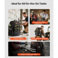 VEVOR Tool Backpack with Tools, 65 Pockets, Heavy-duty Tools Storage Organizer Bags with Laptop Compartment & Molded Base, Electrician Jobsite Backpack for Electrician, Repairman, and HVAC Techs