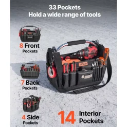VEVOR Tool Bag, 13 Inch, 33-Pocket Open Top Tool Tote, Portable Electrical Maintenance Toolbox Organizer Storage with Hard Plastic Base, Adjustable Shoulder Strap, for Professionals DIY & Jobsite Use