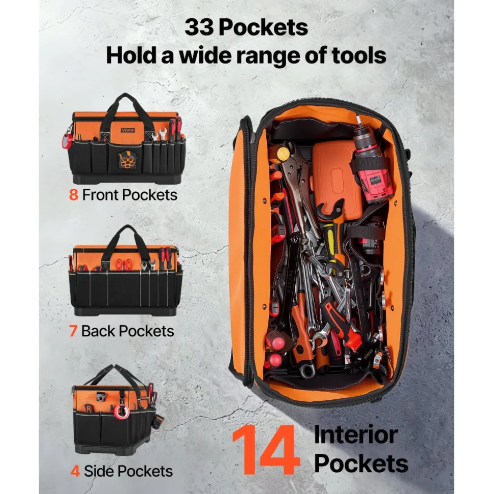 VEVOR Tool Bag, 19.1 Inch, 33-Pocket Portable Large Tool Box Organizer Storage, Toolbox with Water-Resistant Base, Zipper, Adjustable Shoulder Strap Toolbag, for Men Women Dad Husband Fathers Day
