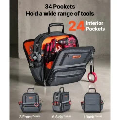 VEVOR Tool Bag, 13.2 Inch, 34-Pocket Portable Large Tool Box Organizer Storage, Carry Toolbox with Hard Plastic Base, Large Zipper, Adjustable Shoulder Strap, for Men Women Dad Husband Fathers Day