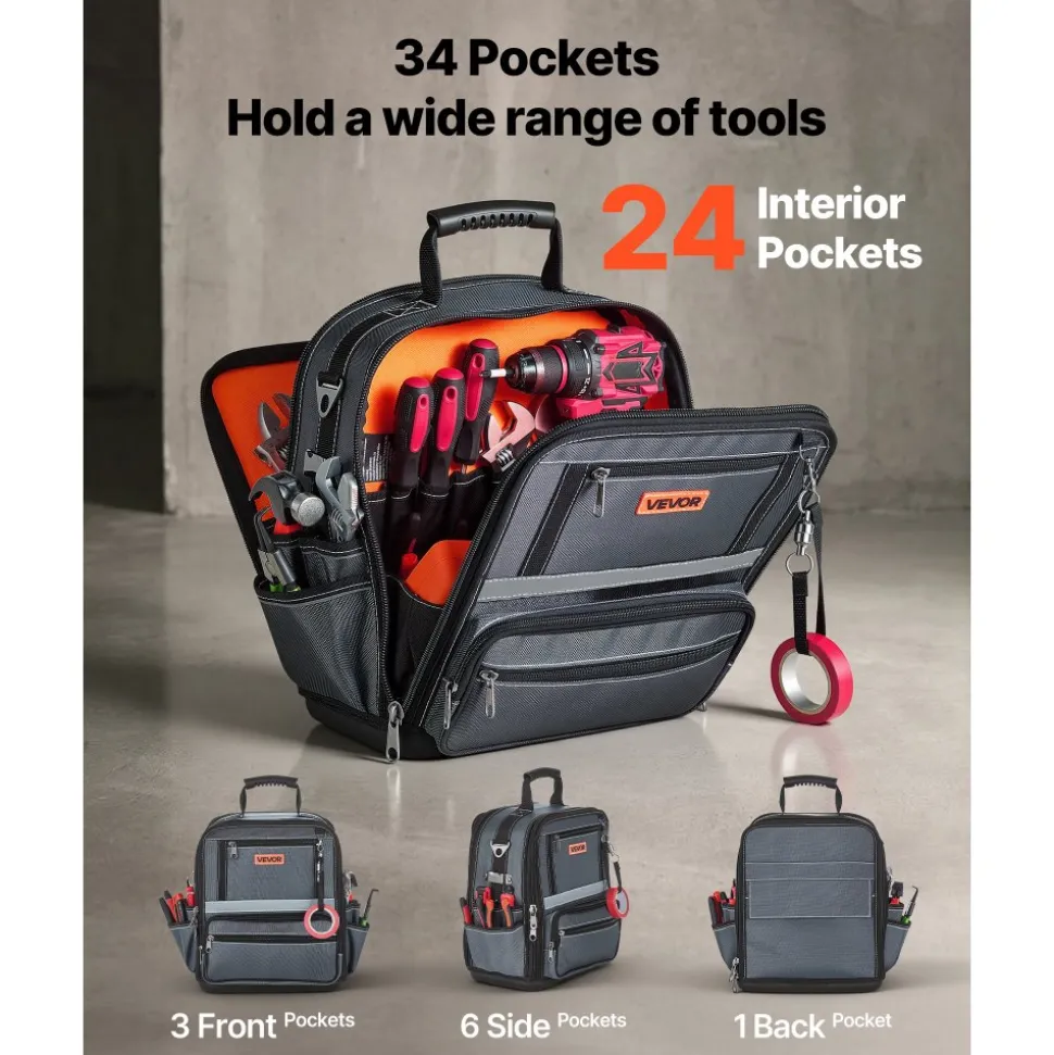 VEVOR Tool Bag, 13.2 Inch, 34-Pocket Portable Large Tool Box Organizer Storage, Carry Toolbox with Hard Plastic Base, Large Zipper, Adjustable Shoulder Strap, for Men Women Dad Husband Fathers Day