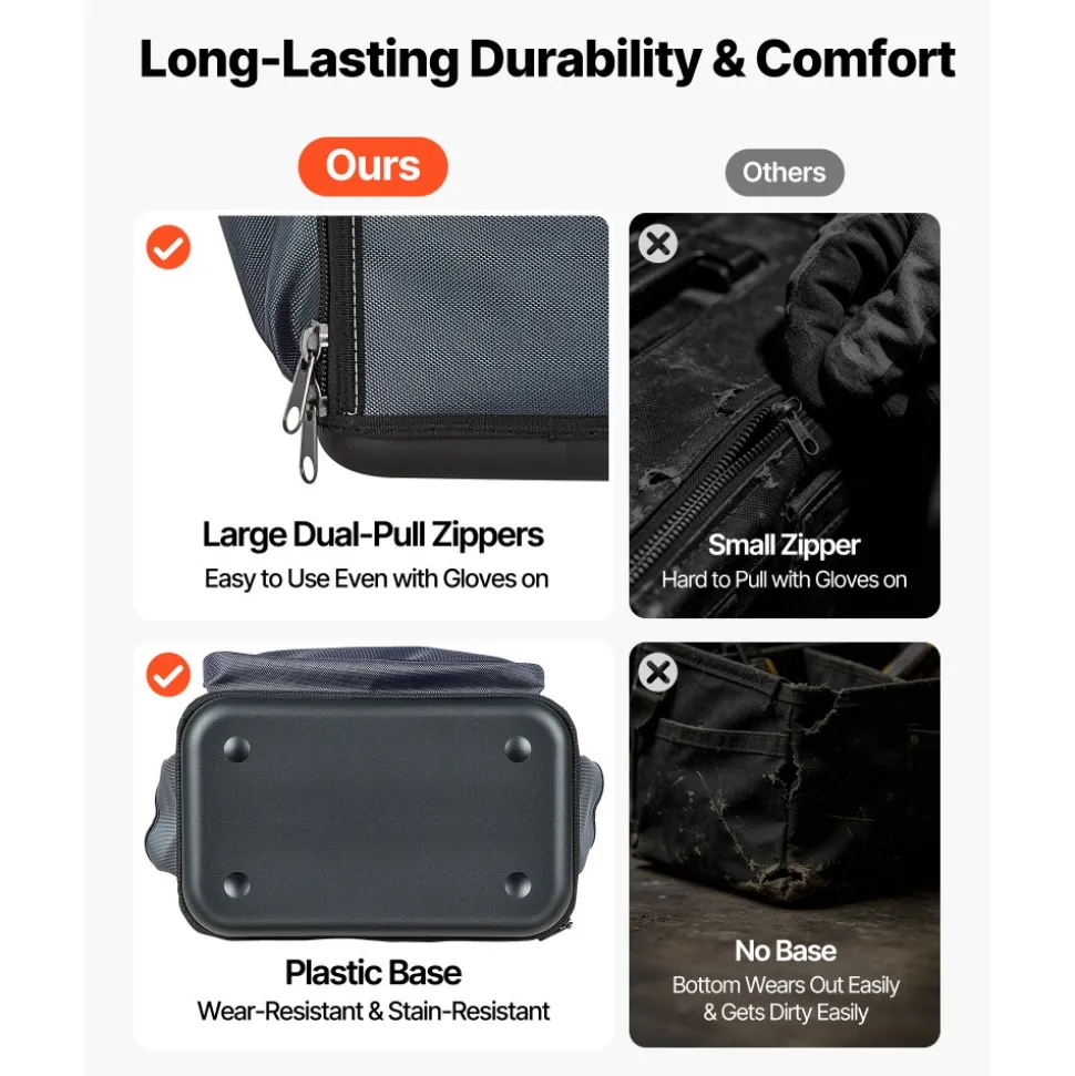 VEVOR Tool Bag, 13.2 Inch, 34-Pocket Portable Large Tool Box Organizer Storage, Carry Toolbox with Hard Plastic Base, Large Zipper, Adjustable Shoulder Strap, for Men Women Dad Husband Fathers Day