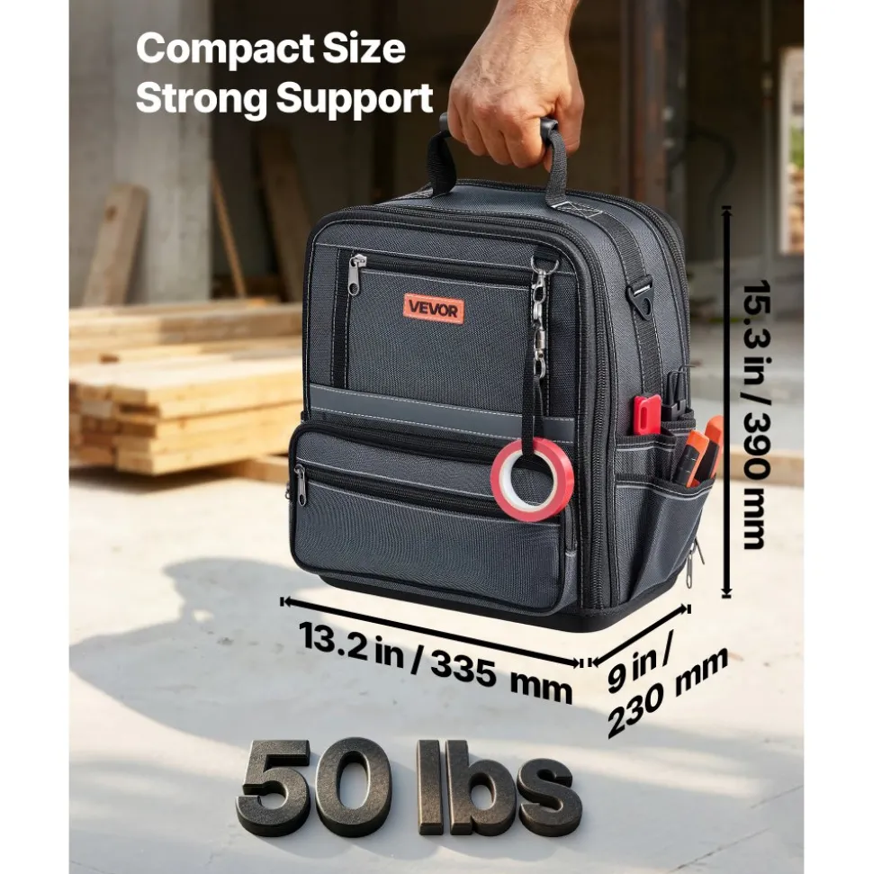 VEVOR Tool Bag, 13.2 Inch, 34-Pocket Portable Large Tool Box Organizer Storage, Carry Toolbox with Hard Plastic Base, Large Zipper, Adjustable Shoulder Strap, for Men Women Dad Husband Fathers Day