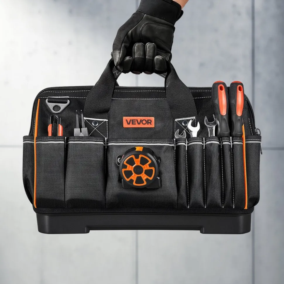 VEVOR Tool Bag, 16.1 Inch, 33-Pocket Portable Large Tool Box Organizer Storage, Toolbox with Water-Resistant Base, Zipper, Adjustable Shoulder Strap Toolbag, for Men Women Dad Husband Fathers Day