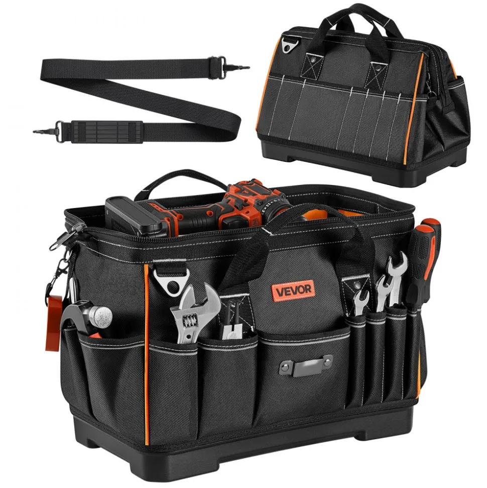 VEVOR Tool Bag, 16.1 Inch, 33-Pocket Portable Large Tool Box Organizer Storage, Toolbox with Water-Resistant Base, Zipper, Adjustable Shoulder Strap Toolbag, for Men Women Dad Husband Fathers Day