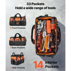 VEVOR Tool Bag, 15.7 Inch, 33-Pocket Portable Tool Box Organizer Storage, Toolbox with Soft Handle, Large Zipper, Adjustable Shoulder Strap, Carrying Toolbag, for Men Women Dad Husband Fathers Day