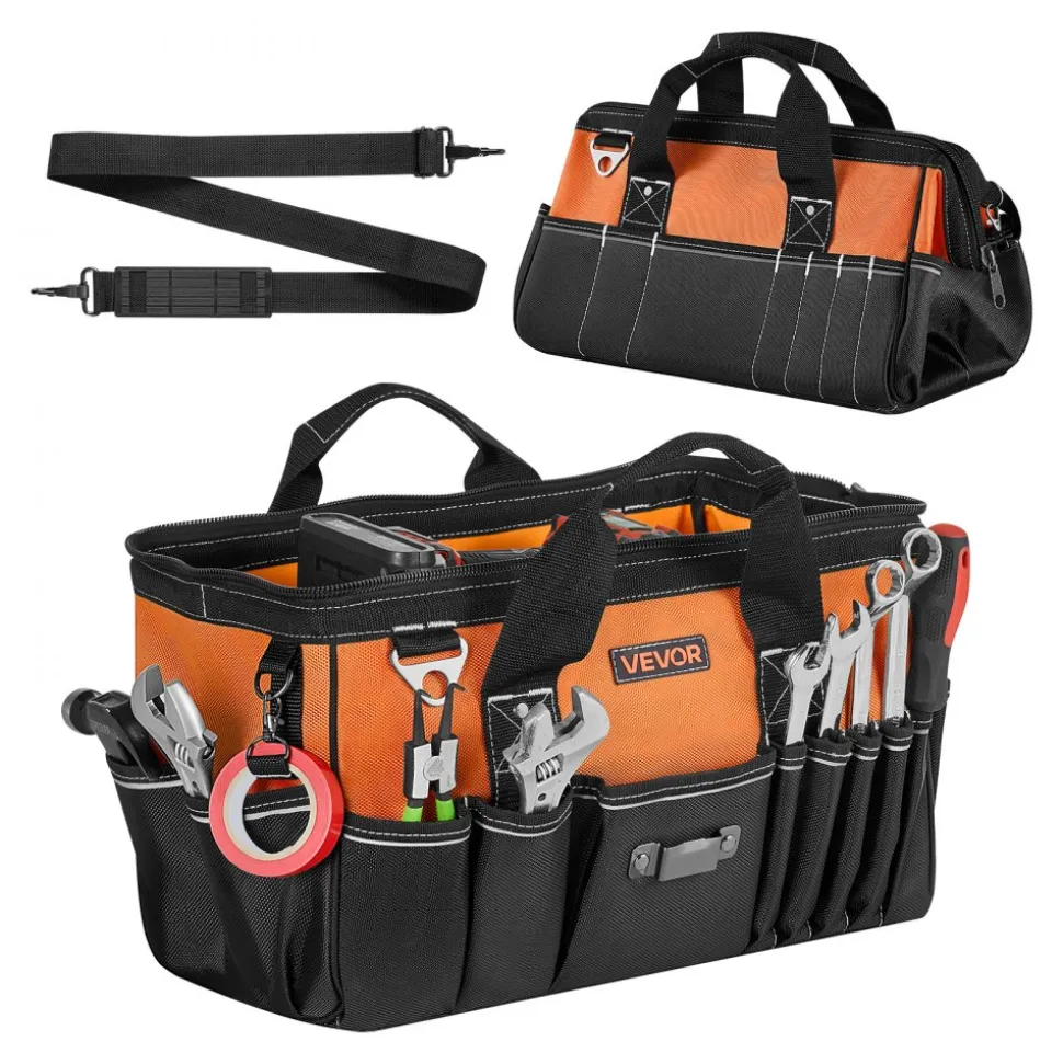 VEVOR Tool Bag, 15.7 Inch, 33-Pocket Portable Tool Box Organizer Storage, Toolbox with Soft Handle, Large Zipper, Adjustable Shoulder Strap, Carrying Toolbag, for Men Women Dad Husband Fathers Day