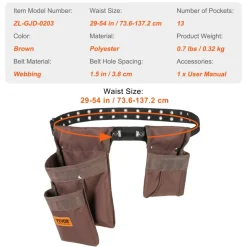 VEVOR Tool Belt, Adjusts from 29 Inches to 54 Inches, Polyester Heavy Duty Tool Pouch Bag, Detachable Tool Bag for Electrician, Carpenter, Handyman, Woodworker, Construction, Framer, Brown