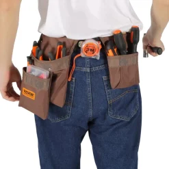 VEVOR Tool Belt, Adjusts from 29 Inches to 54 Inches, Polyester Heavy Duty Tool Pouch Bag, Detachable Tool Bag for Electrician, Carpenter, Handyman, Woodworker, Construction, Framer, Brown