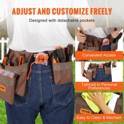 VEVOR Tool Belt, Adjusts from 29 Inches to 54 Inches, Polyester Heavy Duty Tool Pouch Bag, Detachable Tool Bag for Electrician, Carpenter, Handyman, Woodworker, Construction, Framer, Brown