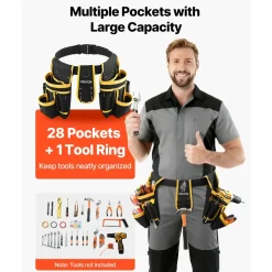 VEVOR Tool Belt, Magnetic Tool Pouch for Men, 28 Pockets Heavy Duty Adjustable Utility Belt Detachable Work Bag for Electrician, Carpenter, Construction, Work Apron Organizer, Waist Adjust 31 to 48in