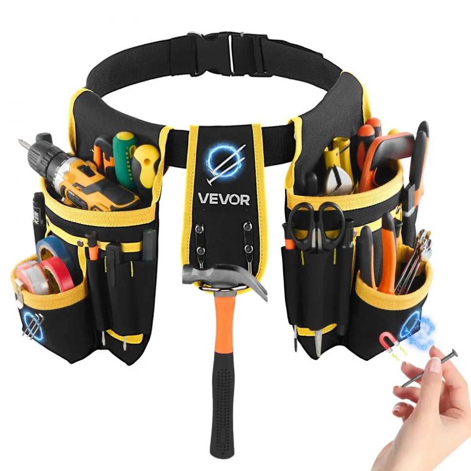 VEVOR Tool Belt, Magnetic Tool Pouch for Men, 28 Pockets Heavy Duty Adjustable Utility Belt Detachable Work Bag for Electrician, Carpenter, Construction, Work Apron Organizer, Waist Adjust 31 to 48in