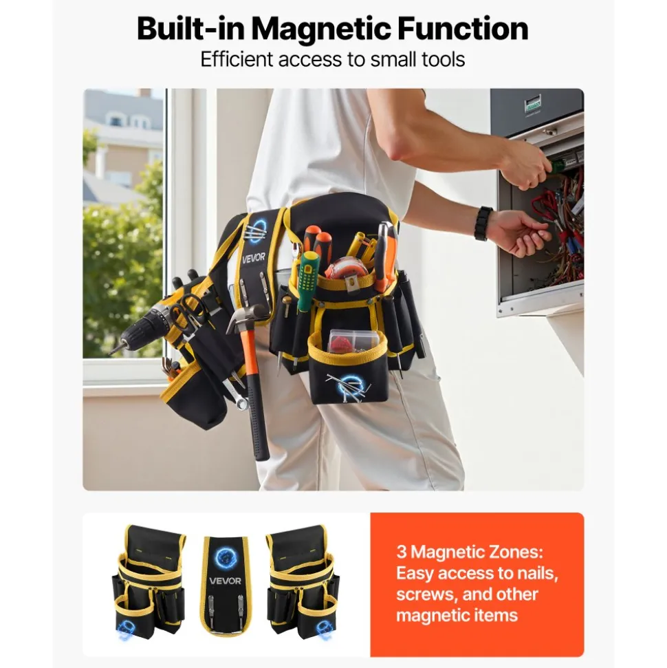 VEVOR Tool Belt, Magnetic Tool Pouch for Men, 28 Pockets Heavy Duty Adjustable Utility Belt Detachable Work Bag for Electrician, Carpenter, Construction, Work Apron Organizer, Waist Adjust 31 to 48in