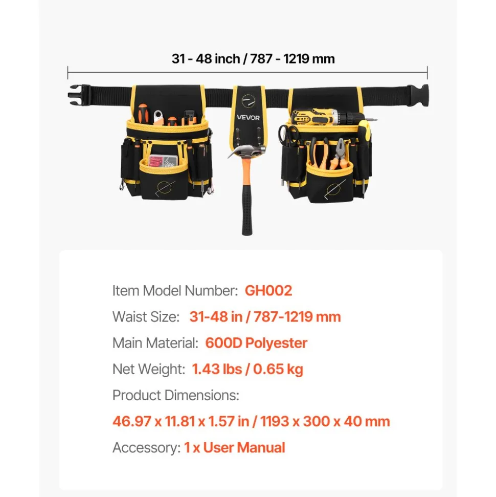 VEVOR Tool Belt, Magnetic Tool Pouch for Men, 28 Pockets Heavy Duty Adjustable Utility Belt Detachable Work Bag for Electrician, Carpenter, Construction, Work Apron Organizer, Waist Adjust 31 to 48in