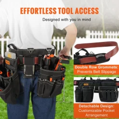 VEVOR Tool Belt, 32 Pockets, Adjusts from 32 Inches to 54 Inches, Nylon Heavy Duty Tool Pouch Bag, Detachable Tool Bag for Electrician, Carpenter, Handyman, Woodworker, Construction, Framer, Black