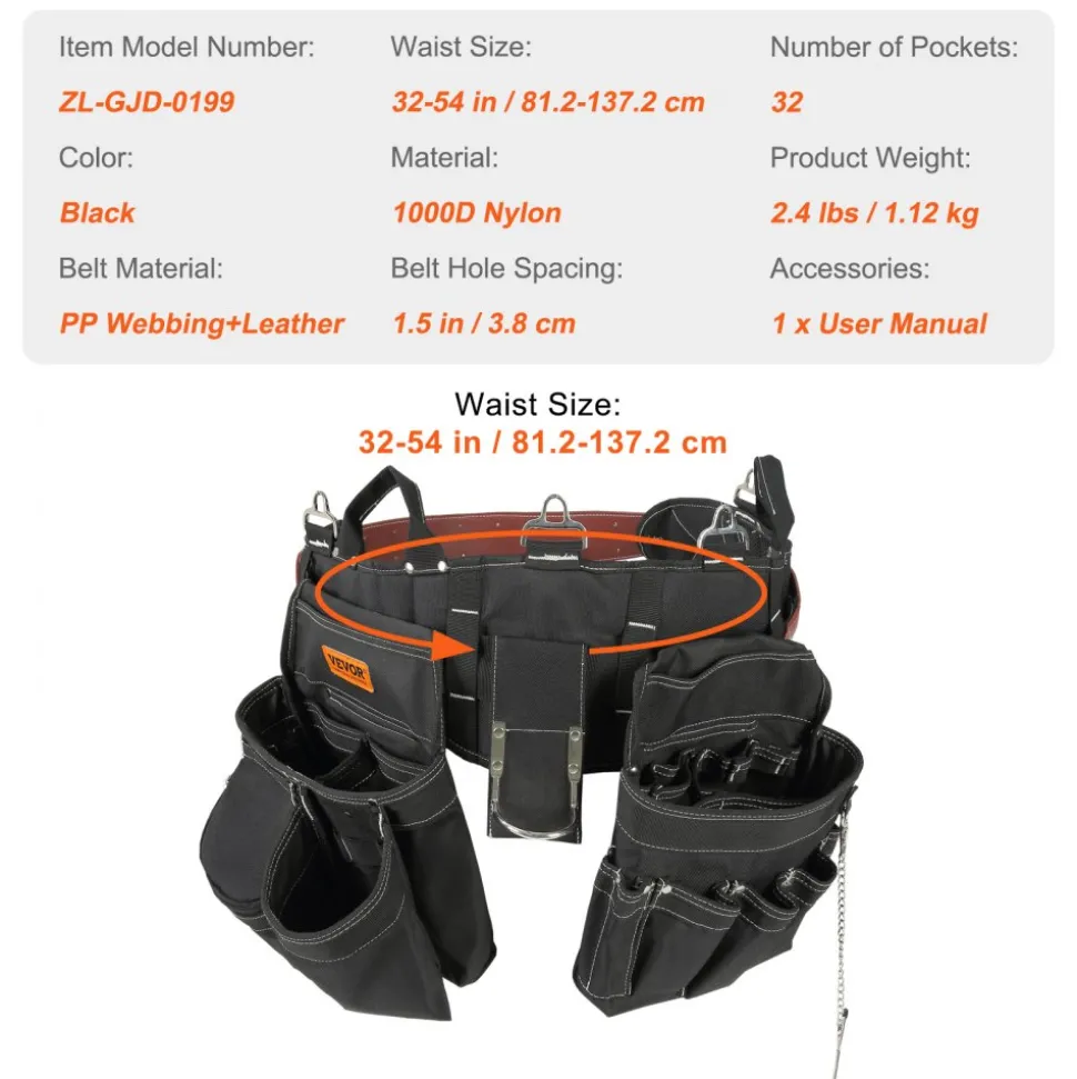 VEVOR Tool Belt, 32 Pockets, Adjusts from 32 Inches to 54 Inches, Nylon Heavy Duty Tool Pouch Bag, Detachable Tool Bag for Electrician, Carpenter, Handyman, Woodworker, Construction, Framer, Black