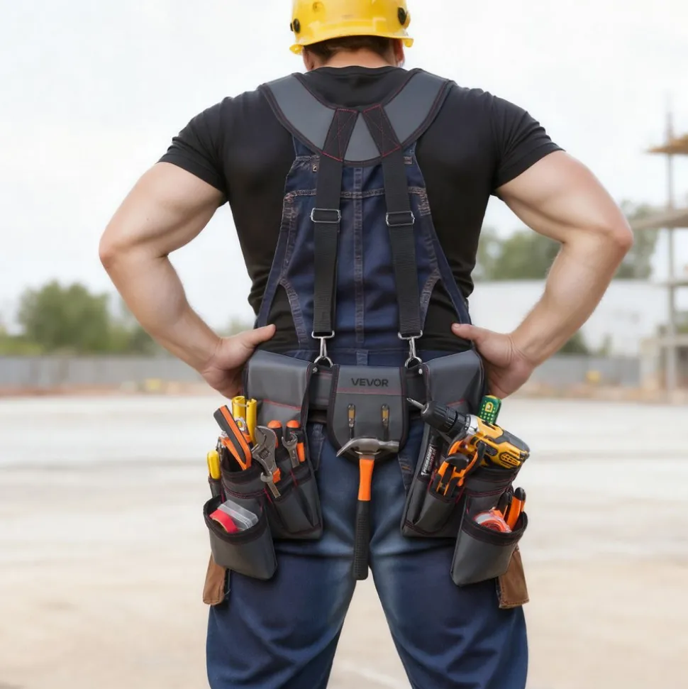 VEVOR Tool Belt, 22 Pockets Tool Pouch with Suspenders for Men, Heavy Duty Adjustable Utility Belt Bag Suspenders for Electrician, Carpenter, Construction, Work Apron Organizer Waist Adjust 32 to 68in