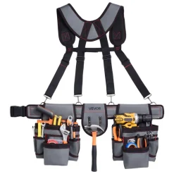 VEVOR Tool Belt, 22 Pockets Tool Pouch with Suspenders for Men, Heavy Duty Adjustable Utility Belt Bag Suspenders for Electrician, Carpenter, Construction, Work Apron Organizer Waist Adjust 32 to 68in