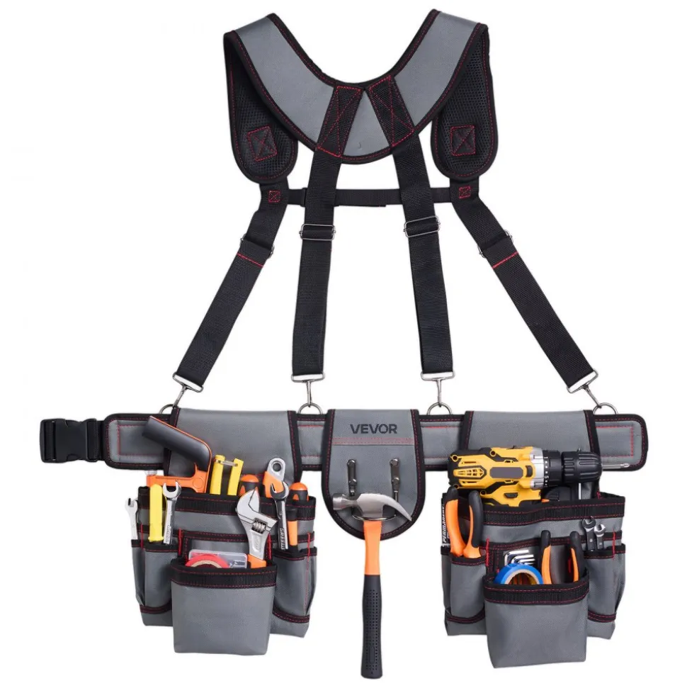 VEVOR Tool Belt, 22 Pockets Tool Pouch with Suspenders for Men, Heavy Duty Adjustable Utility Belt Bag Suspenders for Electrician, Carpenter, Construction, Work Apron Organizer Waist Adjust 32 to 68in