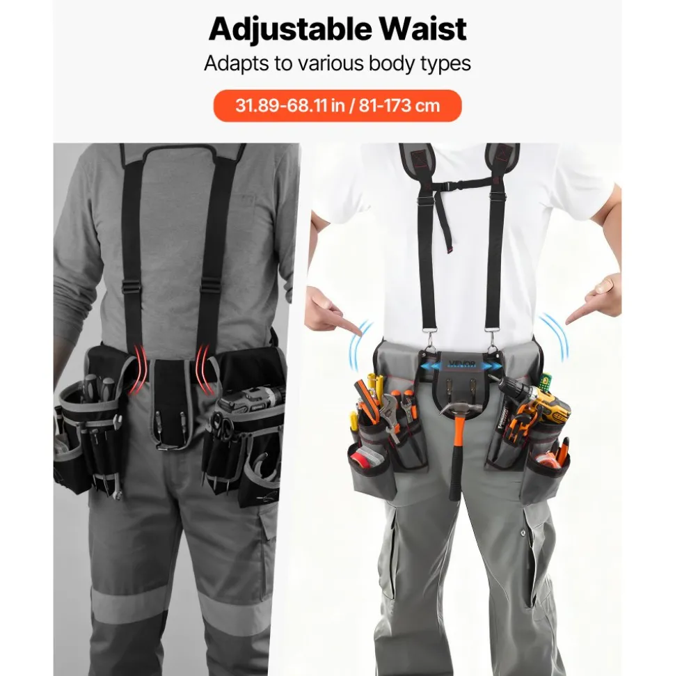 VEVOR Tool Belt, 22 Pockets Tool Pouch with Suspenders for Men, Heavy Duty Adjustable Utility Belt Bag Suspenders for Electrician, Carpenter, Construction, Work Apron Organizer Waist Adjust 32 to 68in