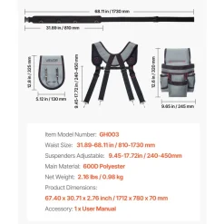 VEVOR Tool Belt, 22 Pockets Tool Pouch with Suspenders for Men, Heavy Duty Adjustable Utility Belt Bag Suspenders for Electrician, Carpenter, Construction, Work Apron Organizer Waist Adjust 32 to 68in